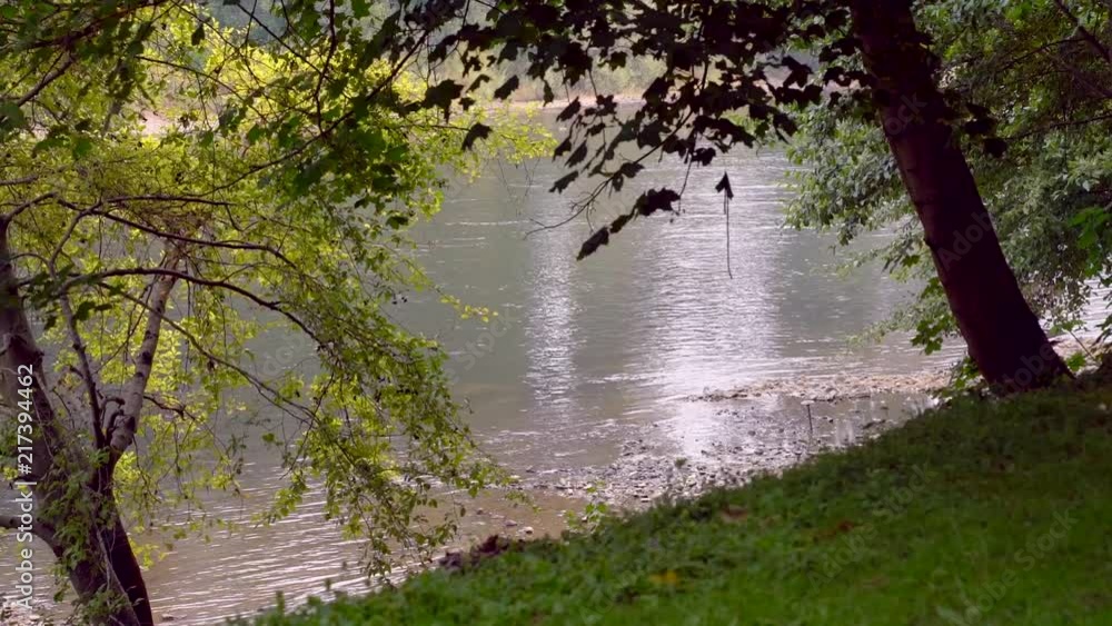 Peaceful static shot of the Rogue River flowing past the trees in Grants Pass, Oregon.