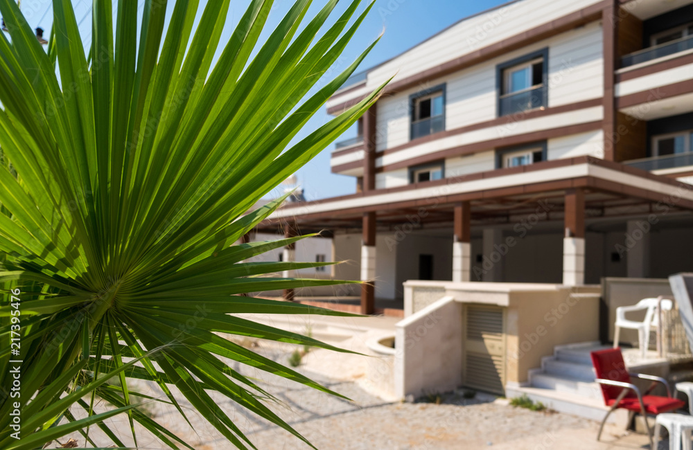 Green palm leaves with hotel building background close view. Green palm leaves with hotel building background close view.