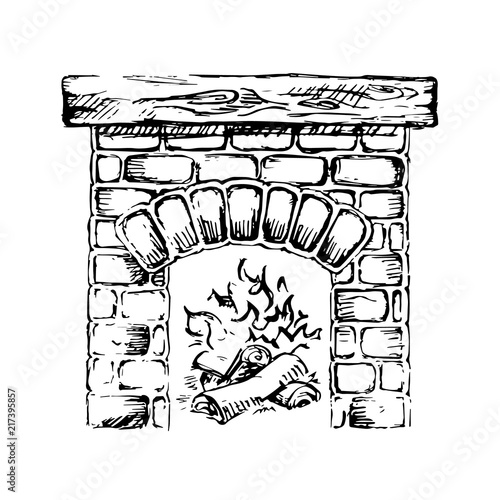 Brick fireplace and wood burning. Vector illustration