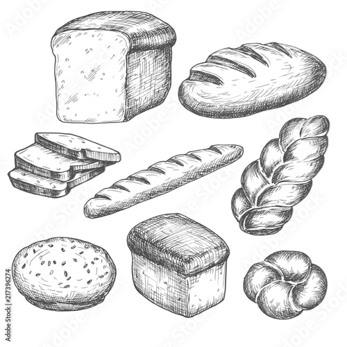 Hand drawn bread bakery set, black and white draft sketch isolated on white background. Vintage vector food illustration.