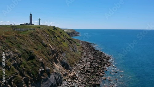 Drone footage of the cliffs, rocks and sea of Cap Gris-Nes, France. photo