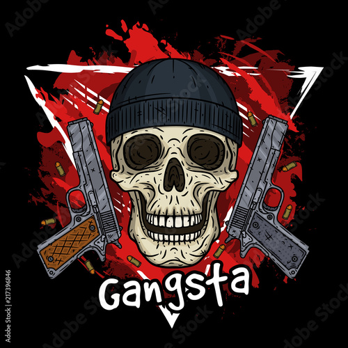 Skull. Vector illustration of human skull with black hat and two pistols. Cartoon skull.