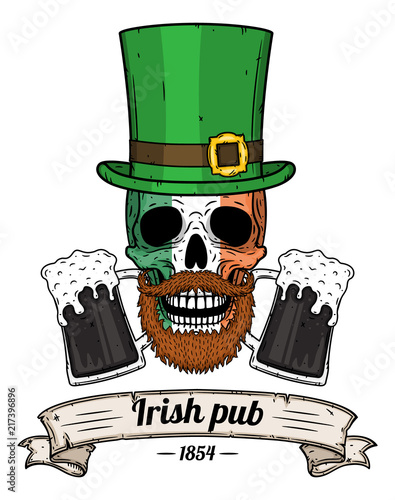 Skull with Irish flag, green hat and glass beer isolated on white background. Illustration for bar design.