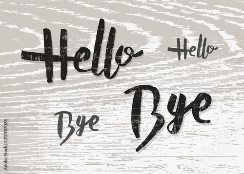 Hello and Bye handwritten quotes on wood background. Vector illustration.