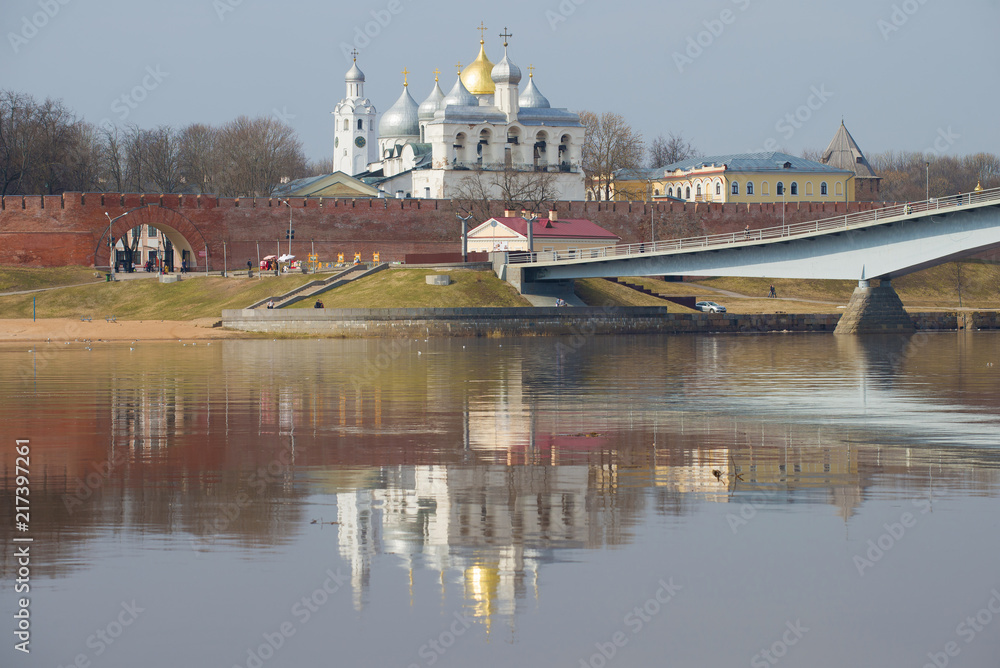Naklejka premium April day at walls of the Novgorod Kremlin. Veliky Novgorod, Russia