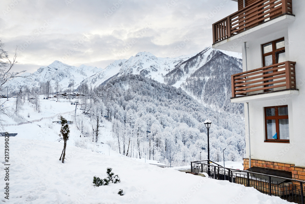 Rosa Khutor, Sochi, Russia. Winter landscape outside the window of hotel in Olympic village. Sochi, ski resort Rosa Khutor Rosa Khutor, Sochi, Russia. Winter landscape outside the window of hotel in Olympic village. Sochi, ski resort Rosa Khutor