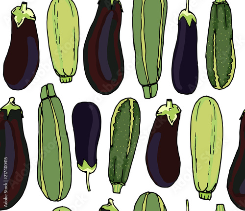 Vegetables seamless pattern - hand-drawn illustration: eggplants and zucchini