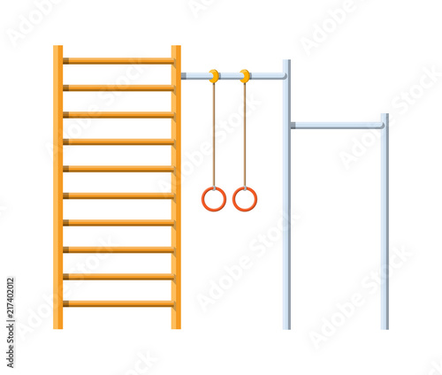 Horizontal bar with climbing rings and ladder