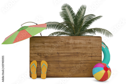Wooden board with beach accessories isolated on white background 3D illustration.