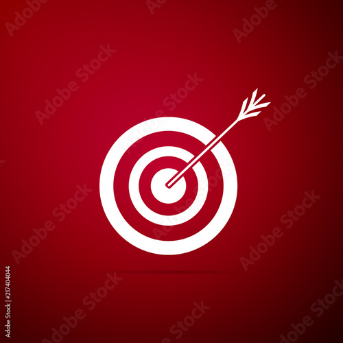 Target with arrow icon isolated on red background. Dart board sign. Archery board icon. Dartboard sign. Business goal concept. Flat design. Vector Illustration