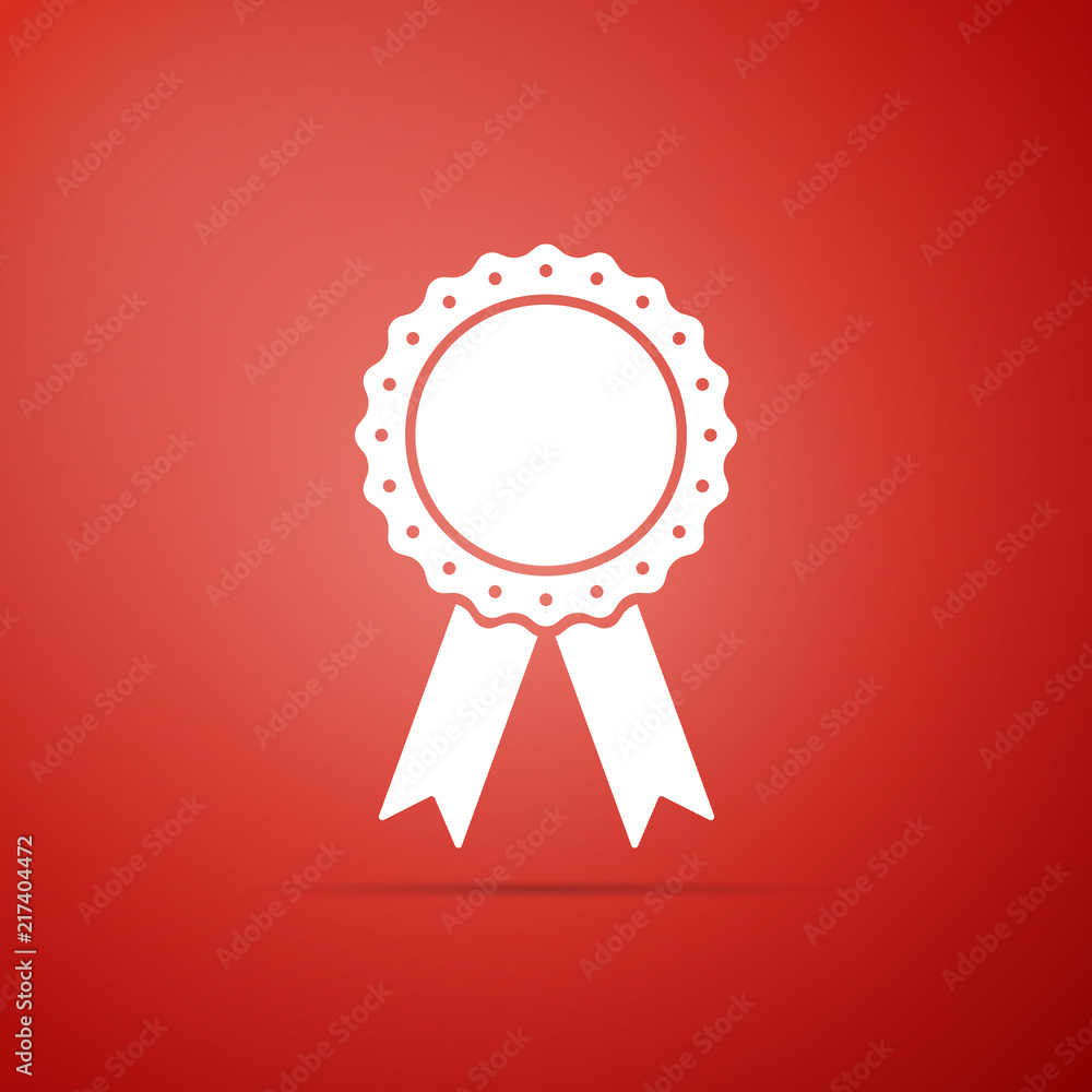 Medal badge with ribbons icon isolated on red background. Flat design. Vector Illustration