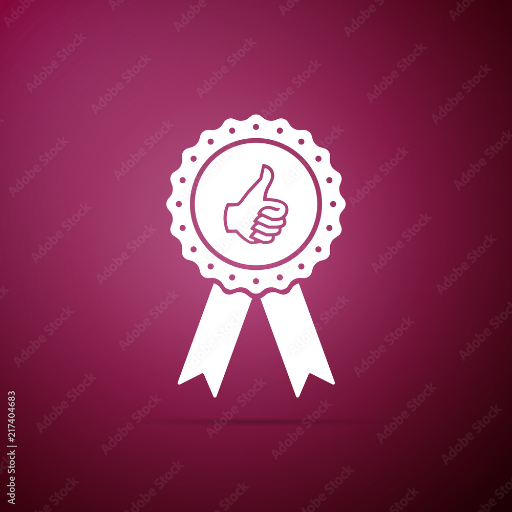 Thumbs up on medal badge with ribbons icon isolated on purple background. Flat design. Vector Illustration Thumbs up on medal badge with ribbons icon isolated on purple background. Flat design. Vector Illustration