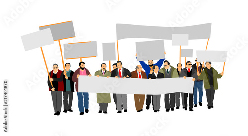 Group of protester vector illustration. Hand holding sign. Man hand. Empty flag editable plate isolated. Blank protest sign. Political agitation campaign. Demonstration for social laborers rights .