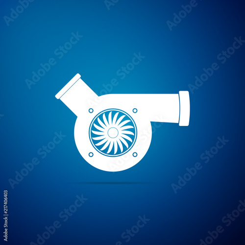 Automotive turbocharger icon isolated on blue background. Vehicle performance turbo icon. Car turbocharger sign. Turbo compressor induction symbol. Flat design. Vector Illustration