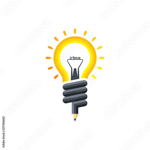 Light bulb pencil logo template. Pencil in the form of a glowing bulb with the inscription idea. Vector illustration.