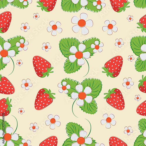 Strawberry pattern on a light background. Seamless pattern of berries, leaves and strawberry flowers. Market of farmers, packing of products.