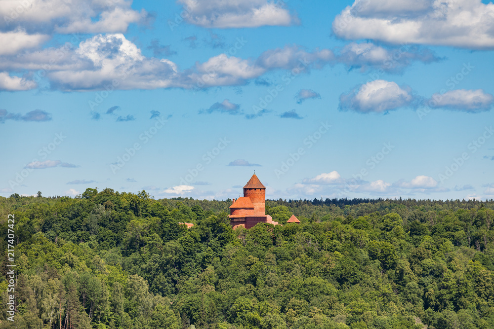 Aerial view to the Turaida castle and hills with forest, Latvia