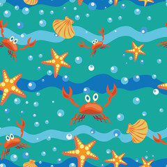 Papier peint photo Vagues de la mer patrons Coquillages étoiles de mer et crabes  © velishchuknatali