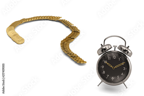 Gold coins make up question mark and alarm clock isolated on white background 3D illustration.