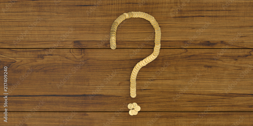 A question mark of golden coins on board 3D illustration. A question mark of golden coins on board 3D illustration.