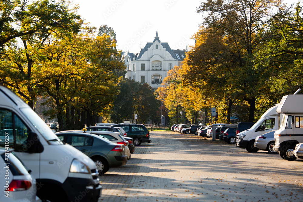Cars parked on the street. Autumn in the city