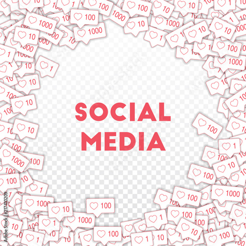 Social media icons. Social media marketing concept. Falling pink like counter. Round random frame el