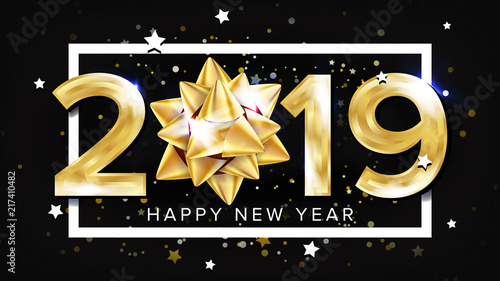 2019 Happy New Year Background Vector. Decoration Element. Beautiful Golden Gift Bow. Christmas. Illustration