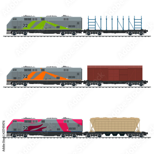 Locomotive with Closed Wagon, with an Empty  Railway Platform for Timber Transportation  and Hopper Car ,  Railway  Freight Transportation, Vector Illustration