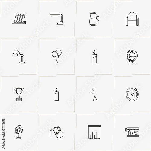 Decor line icon set with trophy, curtains and aquarium