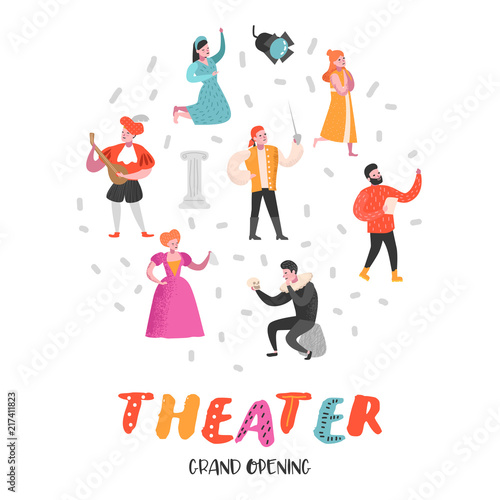 Theater Actor Characters Set. Flat People Theatrical Perfomances. Artistic Man and Woman on Stage. Vector illustration