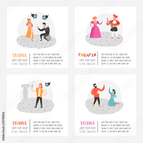 Theater Actor Characters Set. Flat People Theatrical Stage Poster. Artistic Perfomances Man and Woman. Vector illustration