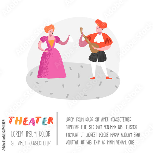 Theater Actor Characters. Flat People Theatrical Stage Poster. Artistic Perfomances Man and Woman. Vector illustration