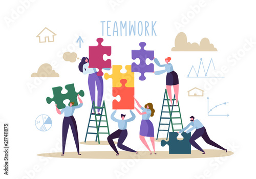 Business Teamwork Concept. Flat People Characters with Pieces of Puzzle. Partnership, Solution Cooperation. Vector illustration