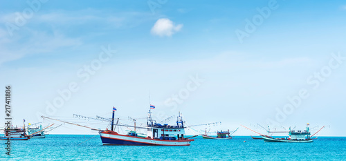 Amazing view of fishing ships in Andaman sea. Location: Krabi, Krabi province, Thailand, Andaman Sea. Artistic picture. Beauty world. Panorama