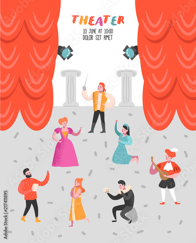 Theater Actor Characters Set. Flat People Theatrical Stage Poster. Artistic Perfomances Man and Woman. Vector illustration