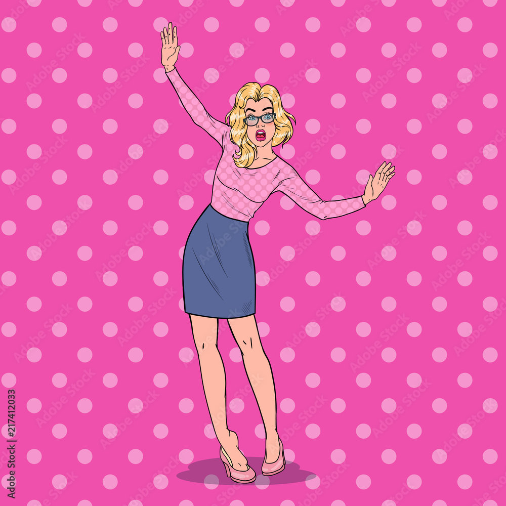 Pop Art Falling Beautiful Woman on High Heels. Fashionable Awkward Blonde Girl. Vector illustration Pop Art Falling Beautiful Woman on High Heels. Fashionable Awkward Blonde Girl. Vector illustration