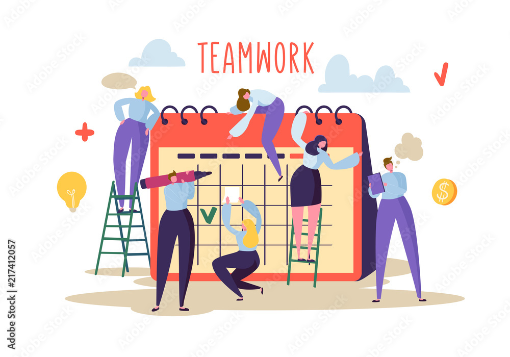 Business Teamwork Concept. Flat People Characters Working Together and Planning Schedule on Desk Calendar. Vector illustration
