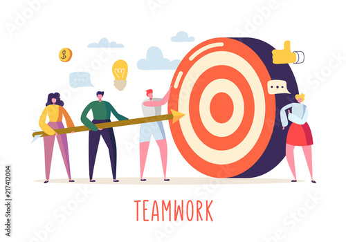 Business Teamwork Concept with Flat People Characters and Target. Goal Achievement, Motivation, Leadership, Idea. Vector illustration