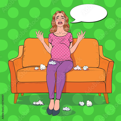 Pop Art Crying Pregnant Woman Sitting on Sofa at Home. Pregnancy Hormones Depressed Young Mother. Vector illustration