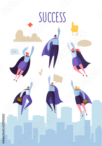Business Leadership Concept. Flat Superhero Characters Flying to Success. Teamwork Cooperation, Goal Achievement. Vector illustration