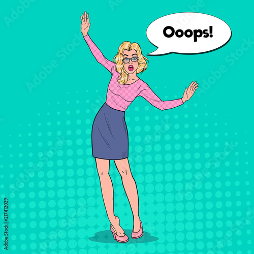 Pop Art Falling Beautiful Woman on High Heels. Fashionable Awkward Blonde Girl. Vector illustration