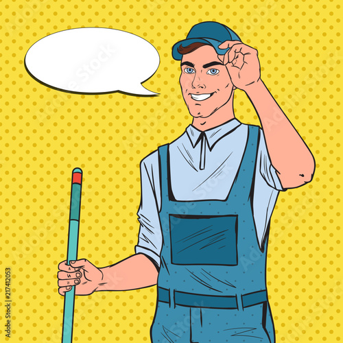 Pop Art Cleaner in Uniform with Mop. Cleaning Service Staff with Equipment. Vector illustration