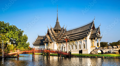 Amazing view of beautiful Sanphet Prasat Palace. Location  Ancient City Park  Muang Boran  Samut Prakan province   Bangkok  Thailand. Artistic picture. Beauty world. Panorama