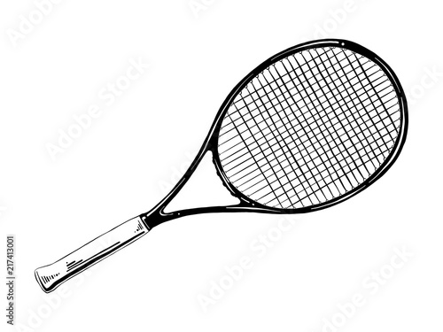 Vector engraved style illustration for posters, decoration and print. Hand drawn sketch of tennis racket in black isolated on white background. Detailed vintage etching style drawing.