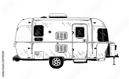 Vector engraved style illustration for posters, decoration and print. Hand drawn sketch of trailer in black isolated on white background. Detailed vintage etching style drawing.