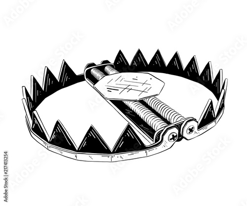 Vector engraved style illustration for posters, decoration and print. Hand drawn sketch of metal trap in black isolated on white background. Detailed vintage etching style drawing.