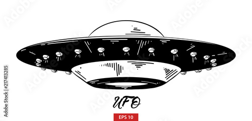 Vector engraved style illustration for posters, decoration and print. Hand drawn sketch of ufo in black isolated on white background. Detailed vintage etching style drawing.