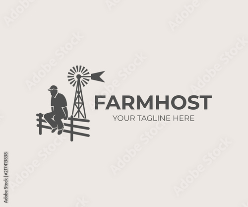Wallpaper Mural Farming and agriculture, farmer sitting on fence on background aermotor windmill, logo design. Farm and agricultural, vector design and illustration Torontodigital.ca