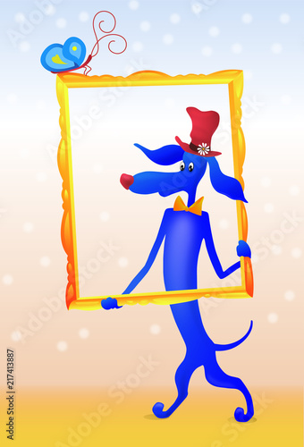 Синяя собака такса в малиновой шляпе в картинной раме