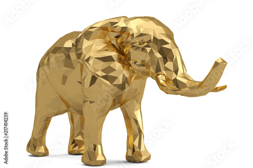 Low poly golden elephant isolated on white background 3D illustration.